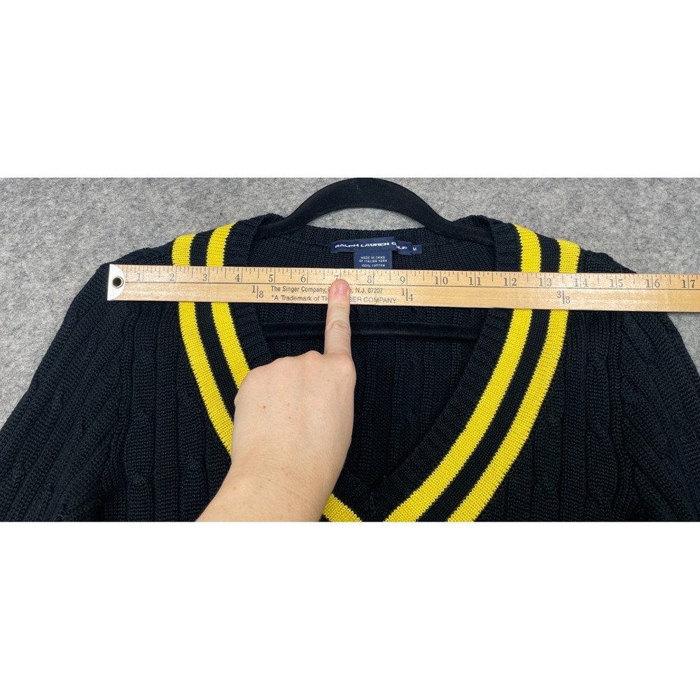 Vintage Ralph Lauren Golf Sweater Womens M Black Yellow Cable Knit V Neck Preppy - Picture 8 of 13